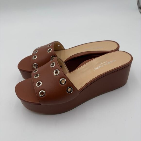 Marion Parke New Cora Brown Leather Platform Slide Sandal Grommet Details Sz 41 - Picture 2 of 9